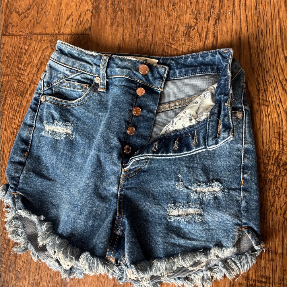 Free People Distressed Button-Fly Denim Shorts - Blue